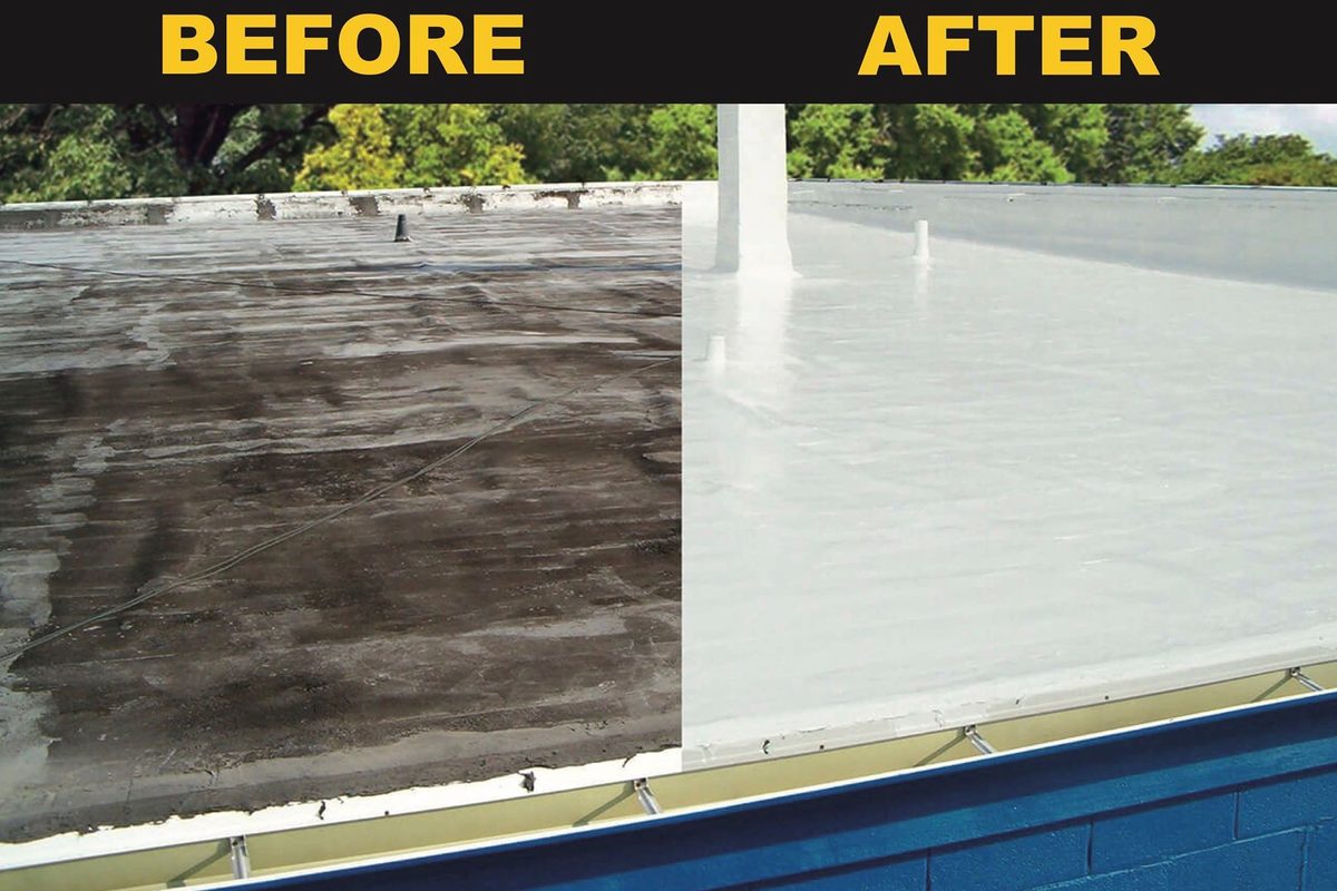 Before and after of a commercial flat roof restoration